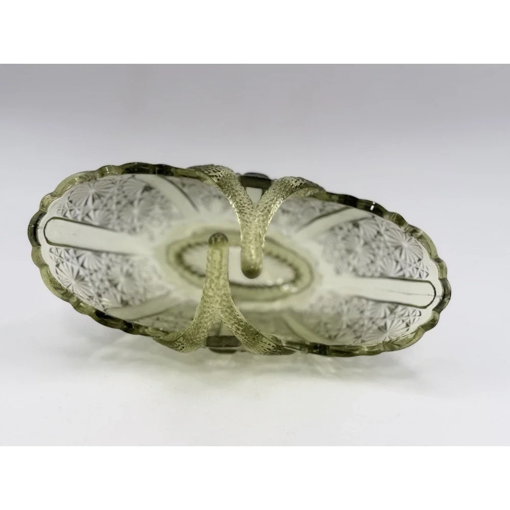 Vintage Fenton Art Glass Colonial Green Daisy Button Split Twig Handle Basket 6”